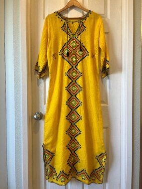 Vintage Embroidered Kafkan Ankle Length Yellow